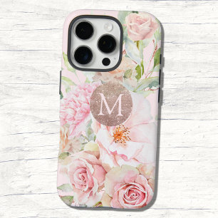 Monogram Rose Gold Blush Pink Watercolor Floral  iPhone 16 Pro Case
