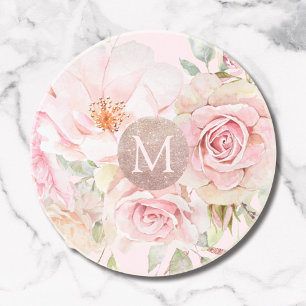 Monogram Rose Gold Blush Pink Watercolor Floral  Coaster