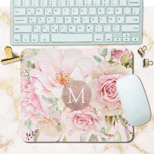 Monogram Rose Gold Blush Pink Watercolor Floral  Mouse Mat