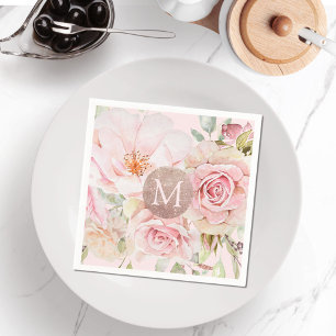 Monogram Rose Gold Blush Pink Watercolor Floral Napkin