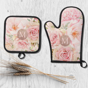 Monogram Rose Gold Blush Pink Watercolor Floral Oven Mitt & Pot Holder Set