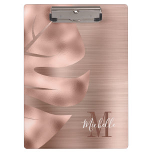 Monogram Rose Gold Brushed Metal Palm Leaf Clipboard