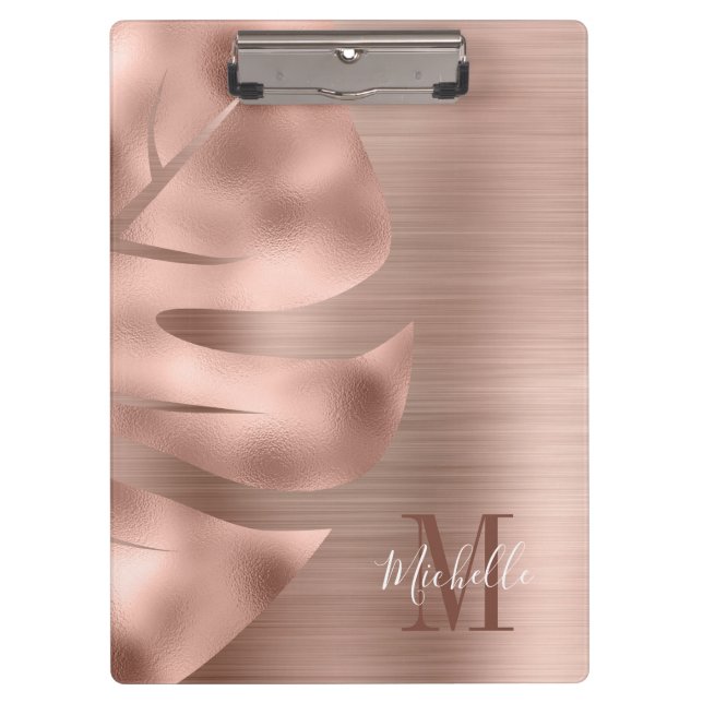 Monogram Rose Gold Brushed Metal Palm Leaf Clipboard (Front)