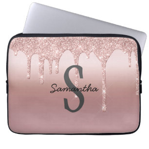 Monogram Rose Gold Drip Glitter Blush Pink Trendy Laptop Sleeve