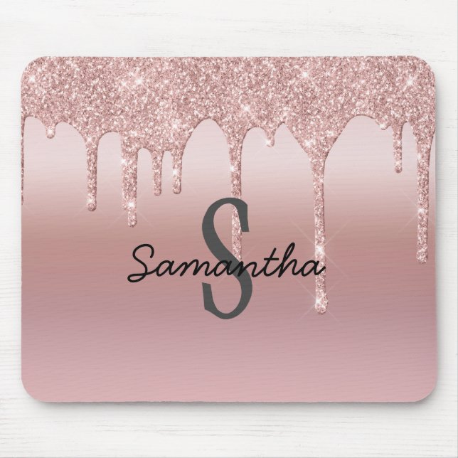 Monogram Rose Gold Drip Glitter Blush Pink Trendy Mouse Mat (Front)