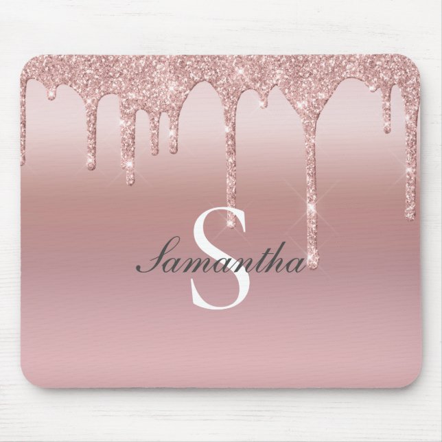 Monogram Rose Gold Drip Glitter Blush Pink Trendy  Mouse Mat (Front)
