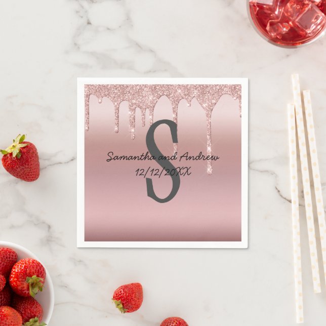 Monogram Rose Gold Drip Glitter Blush Pink Trendy Napkin (Insitu)