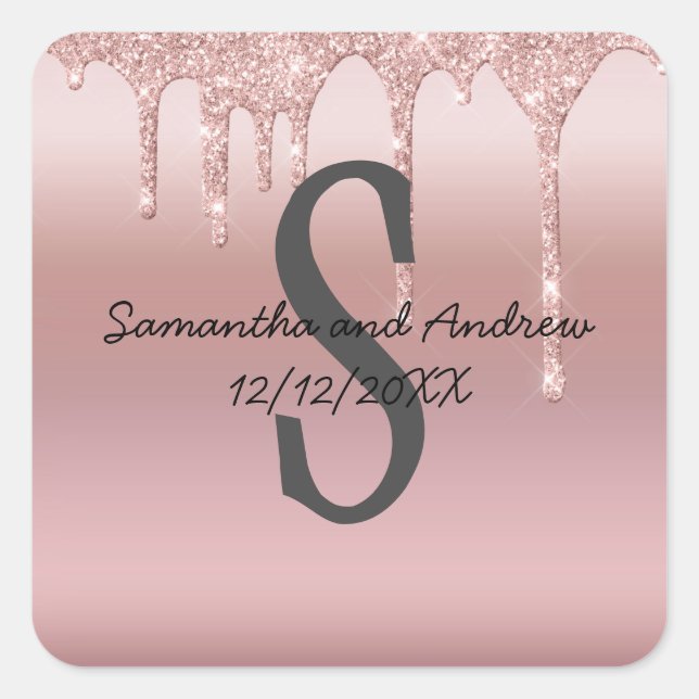 Monogram Rose Gold Drip Glitter Blush Pink Trendy Square Sticker (Front)