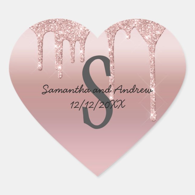 Monogram Rose Gold Drip Glitter Blush Pink Wedding Heart Sticker (Front)