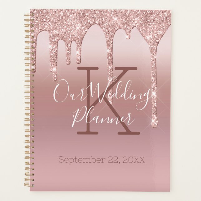 Monogram Rose Gold Drip Glitter Blush Pink Wedding Planner (Front)