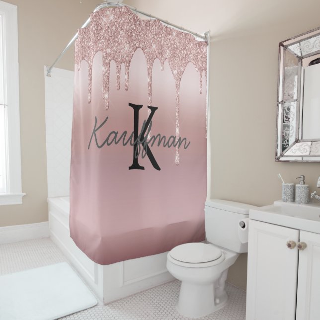 Monogram Rose Gold Drip Glitter Trendy Bath  Shower Curtain (In Situ)