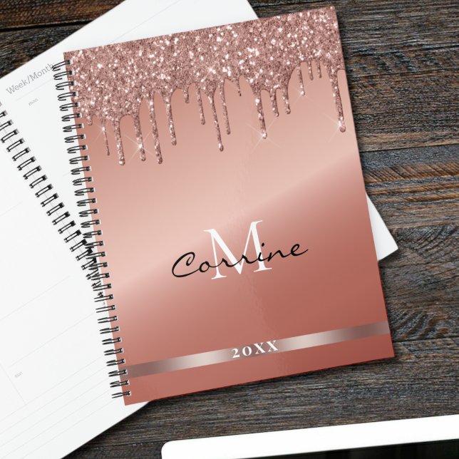 Monogram Rose Gold Dripping Glitter Metallic Daily Planner (Creator Uploaded)