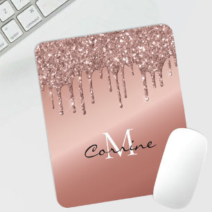Monogram Rose Gold Dripping Glitter Metallic Mouse Mat