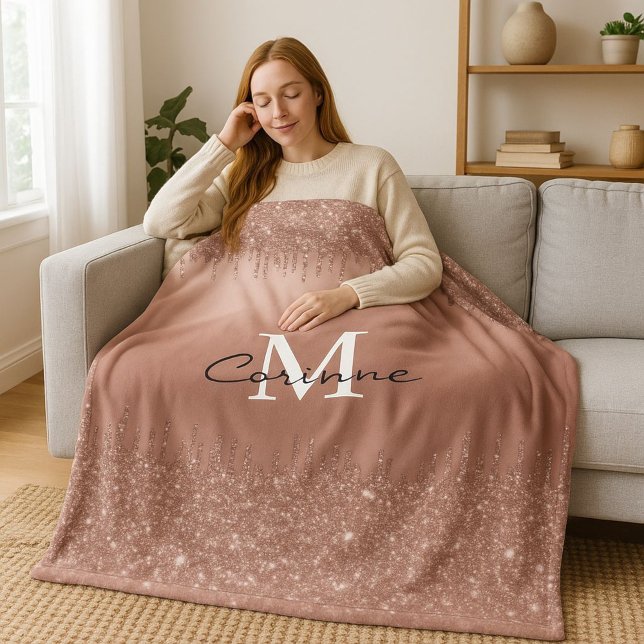 Monogram Rose Gold Dripping Glitter Metallic Name Fleece Blanket (Creator Uploaded)