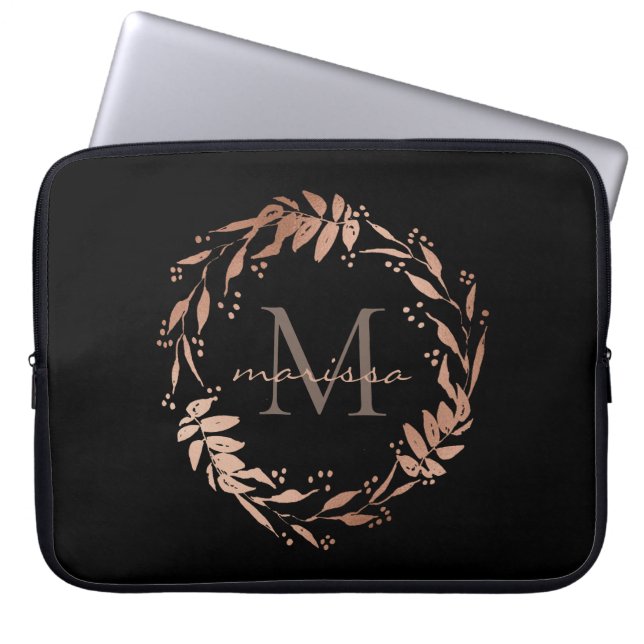 Monogram Rose Gold Eucalyptus Wreath Laptop Sleeve (Front)