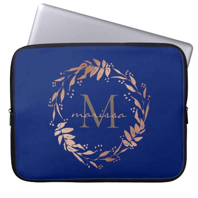 Monogram Rose Gold Eucalyptus Wreath on Navy Blue Laptop Sleeve (Front)