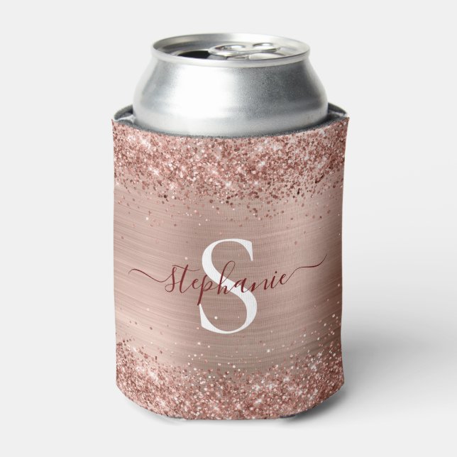 Monogram Rose Gold Faux-Glitter Girly Glam Can Cooler (Can Front)