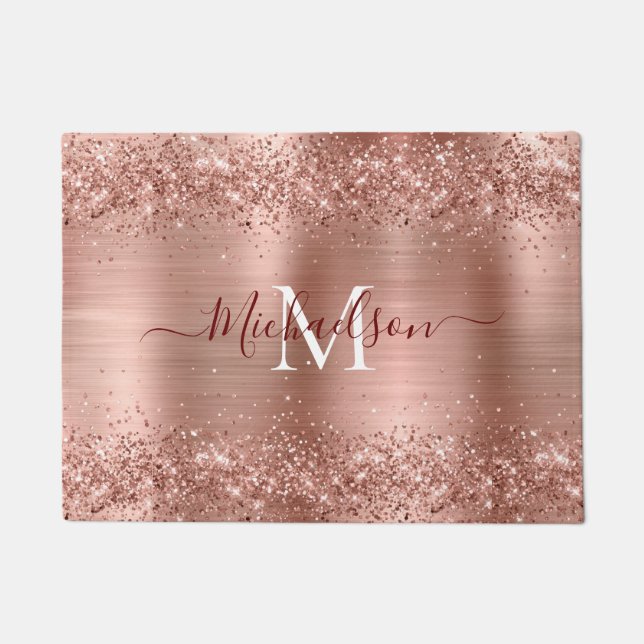Monogram Rose Gold Faux-Glitter Girly Glam Doormat (Front)