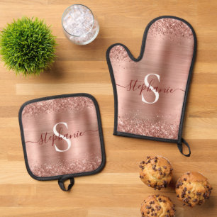 Monogram Rose Gold Faux-Glitter Girly Glam Oven Mitt & Pot Holder Set