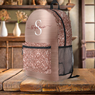Monogram Rose Gold Faux-Glitter Girly Glam Printed Backpack