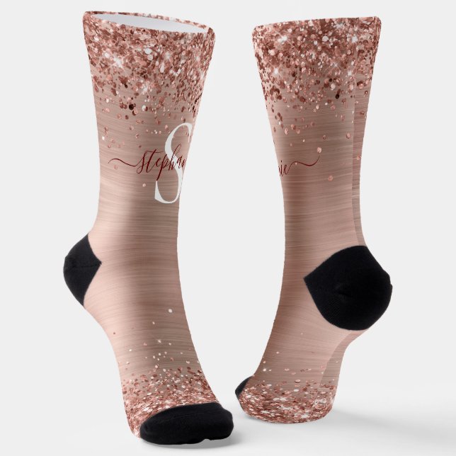 Monogram Rose Gold Faux-Glitter Girly Glam Socks (Angled)