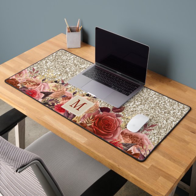 Monogram Rose Gold Flowers Light Gold Glitter Desk Mat (Office 2)