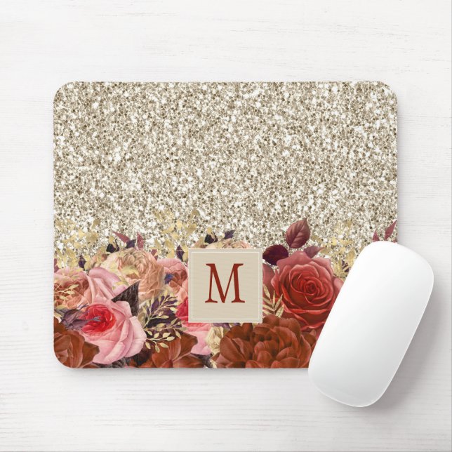 Monogram Rose Gold Flowers Light Gold Glitter Mouse Mat (With Mouse)