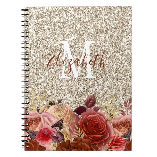 Monogram Rose Gold Flowers Light Gold Glitter Notebook (Front)