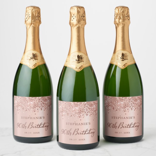 Monogram Rose Gold Foil Glitter 90th Birthday  Sparkling Wine Label (Bottles)