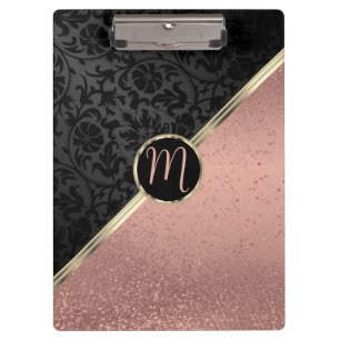 Monogram Rose Gold Glitter and Black Damask Clipbo Clipboard