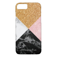 Monogram Rose Gold Glitter and Black White Marble