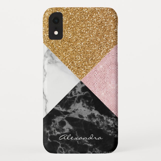 Monogram Rose Gold Glitter and Black White Marble Case-Mate iPhone Case (Back)