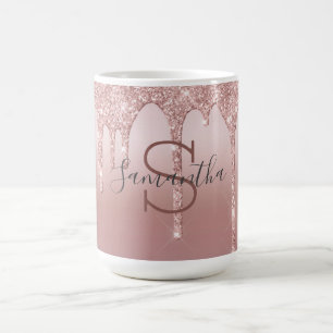 Monogram Rose Gold Glitter Drip Blush Pink Trendy  Coffee Mug