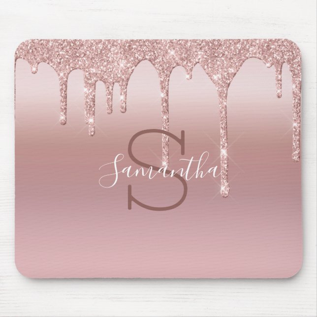 Monogram Rose Gold Glitter Drip Blush Pink Trendy Mouse Mat (Front)