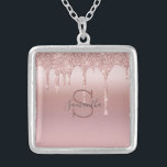 Monogram Rose Gold Glitter Drip Pink Name  Silver Plated Necklace<br><div class="desc">A rose gold dripping glitter monogrammed name necklace for her.  These make great bridal party gifts.
 See our other products in the Rose Gold Dripping Glitter collection.</div>