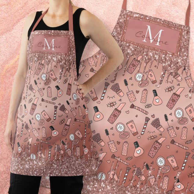 Monogram Rose Gold Glitter Drips Cosmetic Doodles Apron (Creator Uploaded)
