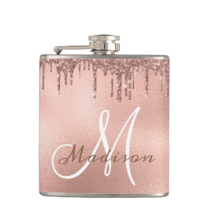 Monogram Rose Gold Glitter Drips Girly Hip Flask