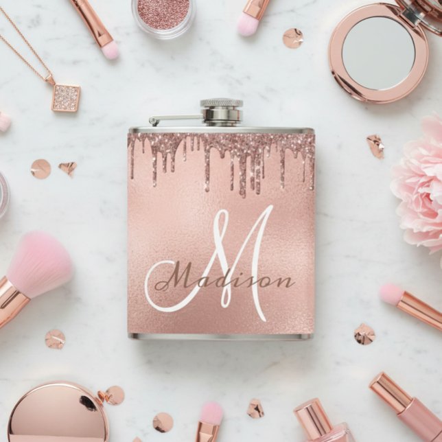 Monogram Rose Gold Glitter Drips Girly Hip Flask (Creator Uploaded)