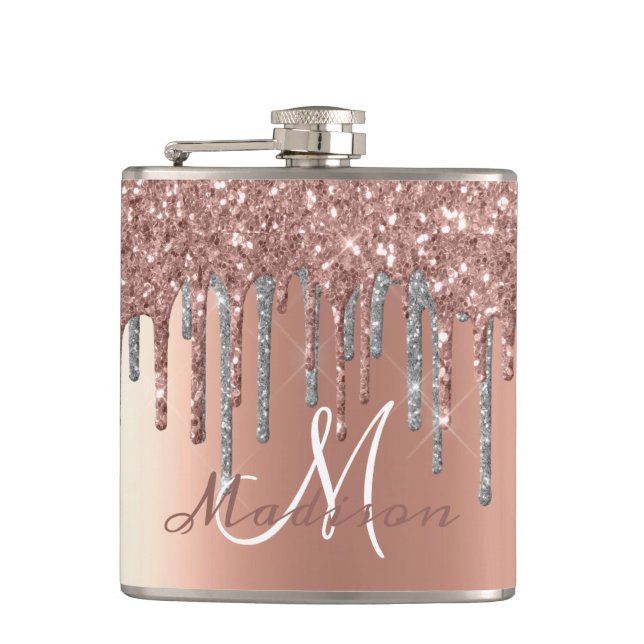 Monogram Rose Gold Glitter Drips Girly Sparkle Fla Hip Flask (Front)