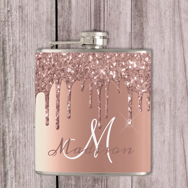 Monogram Rose Gold Glitter Drips Girly Sparkle Hip Flask (Creator Uploaded)