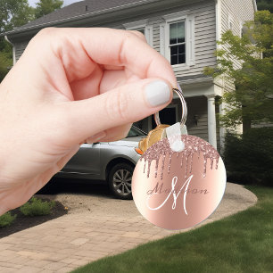Monogram Rose Gold Glitter Drips Sparkle Key Ring