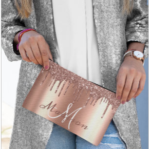 Monogram Rose Gold Glitter Look Drips Girly  Accessory Pouch