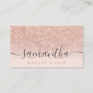Monogram rose gold glitter ombre blush makeup hair business card