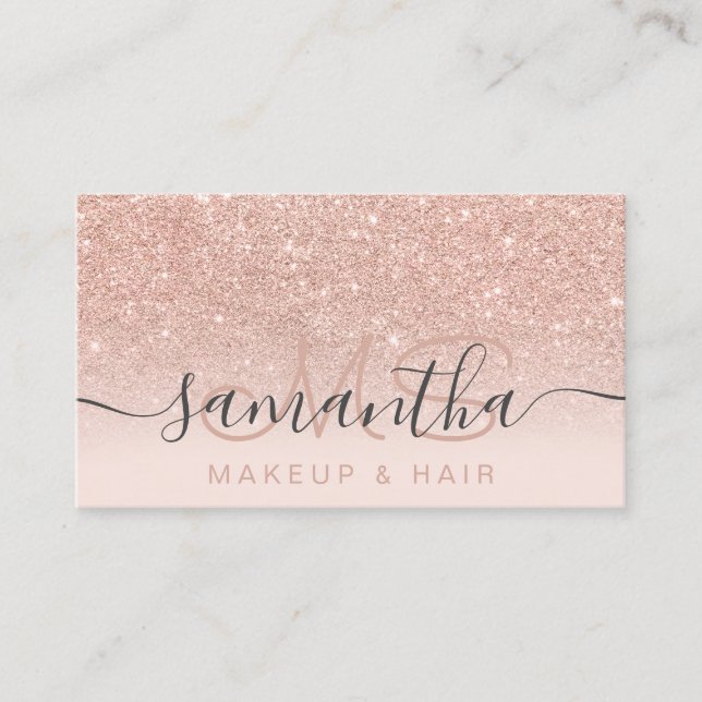 Monogram rose gold glitter ombre blush makeup hair business card (Front)