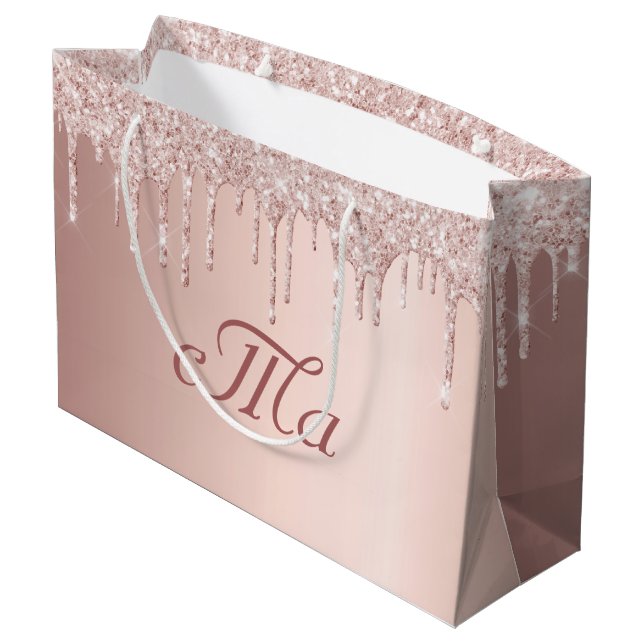 Monogram rose gold glitter pink luxurious wedding large gift bag (Back Angled)