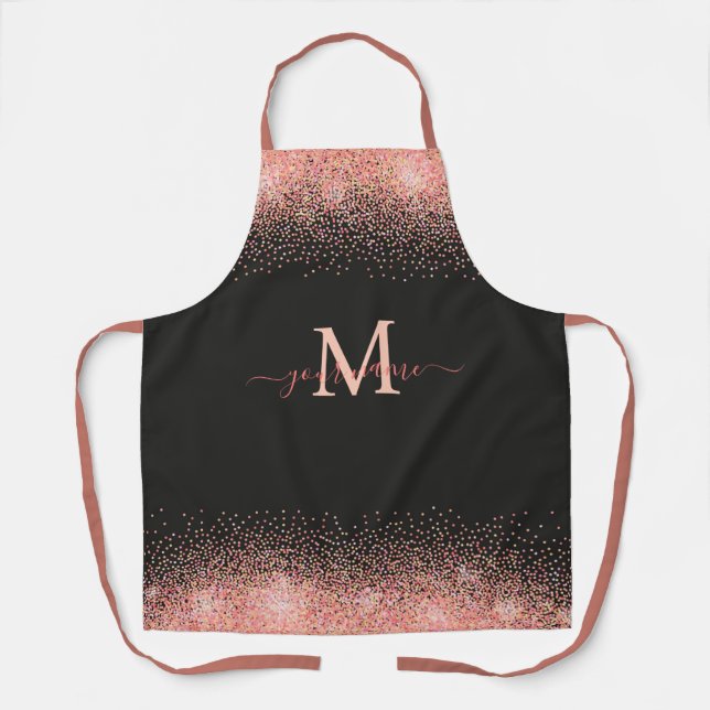 Monogram Rose Gold Glitter Sparkles and Black Name Apron (Front)