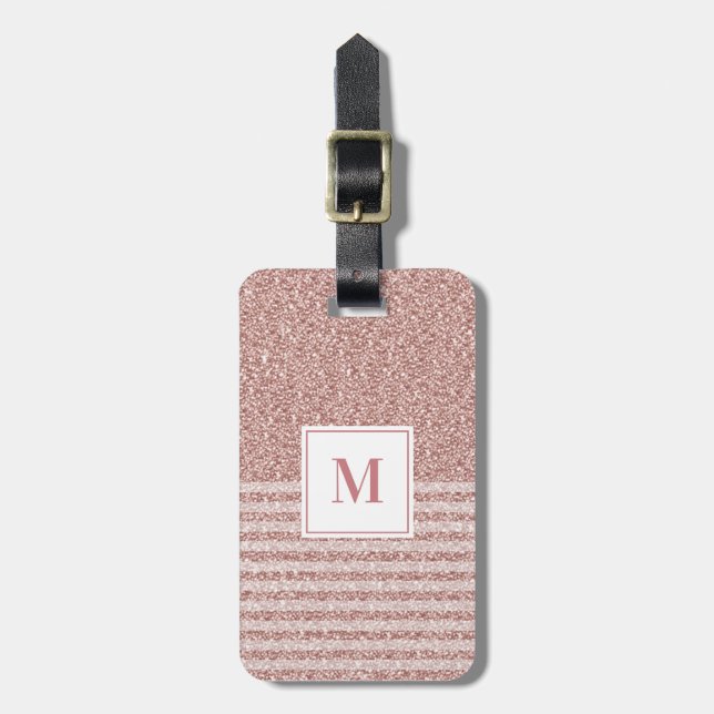 Monogram Rose Gold Glitter Stripes Girly Luggage Tag (Front Vertical)