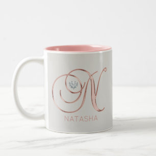 Monogram Rose Gold Grey Heart Letter 'N' Two-Tone Coffee Mug