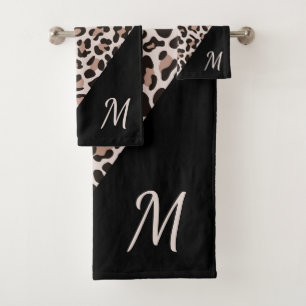 Monogram Rose Gold Leopard Print Trendy Bath Towel Set
