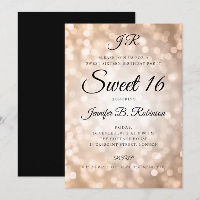 Monogram Rose Gold Lights Sweet 16 Birthday Invitation (Front/Back)